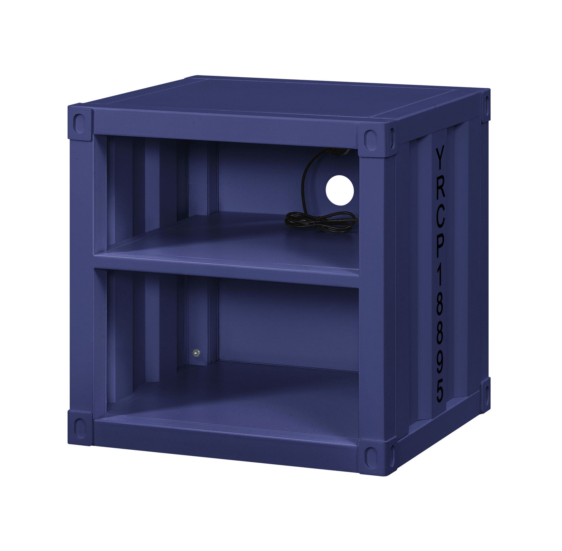 A square, dark blue Cargo - Nightstand With USB featuring an open front, two shelves, a cable hole in the back, and blocky corners. "YRCP18895" appears vertically on the side in black text.