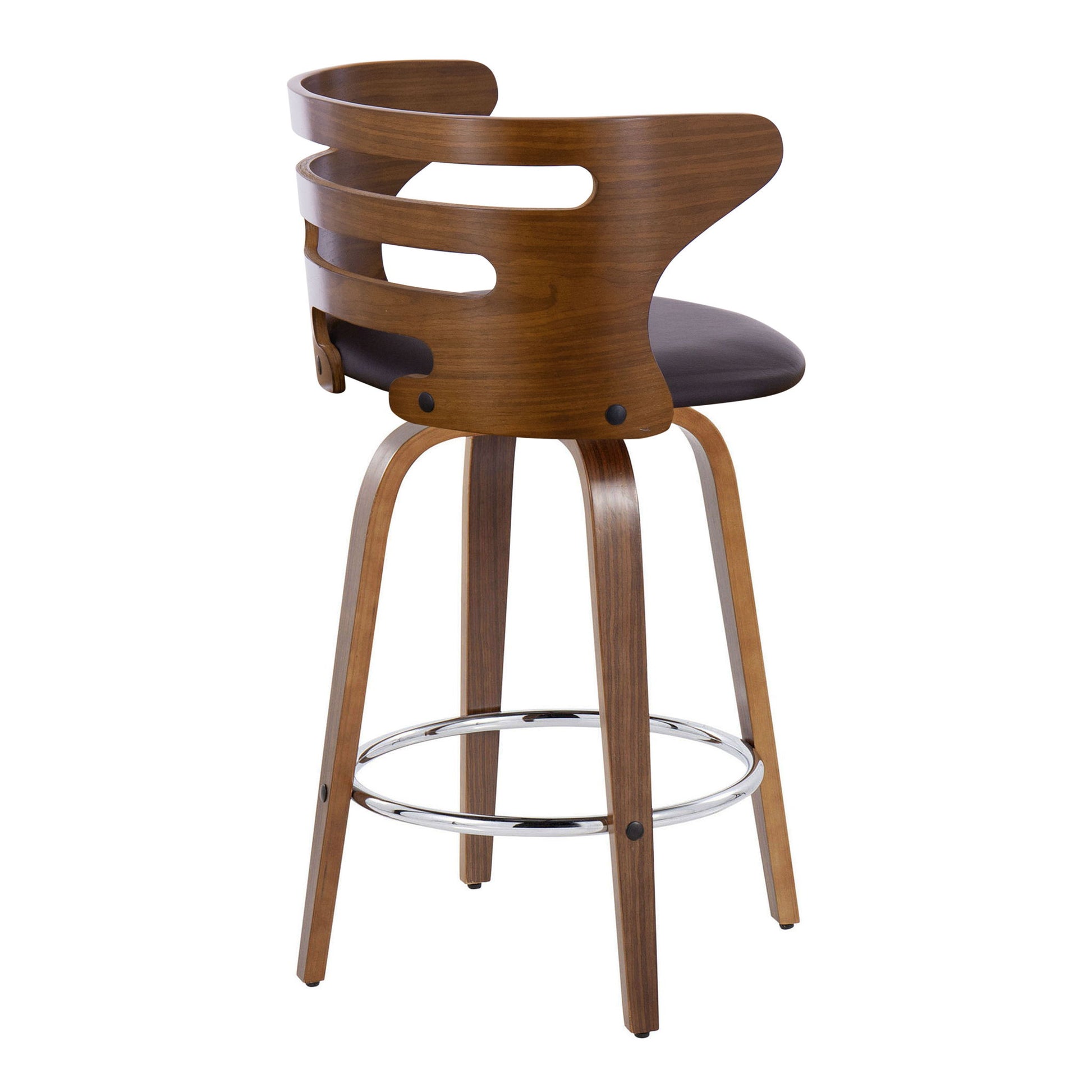 The Cosini Mid Century Modern Fixed Height Barstool features a swivel seat, curved backrest with cut-out slats, round cushion, four angled legs, and a circular chrome footrest. Set of 2.