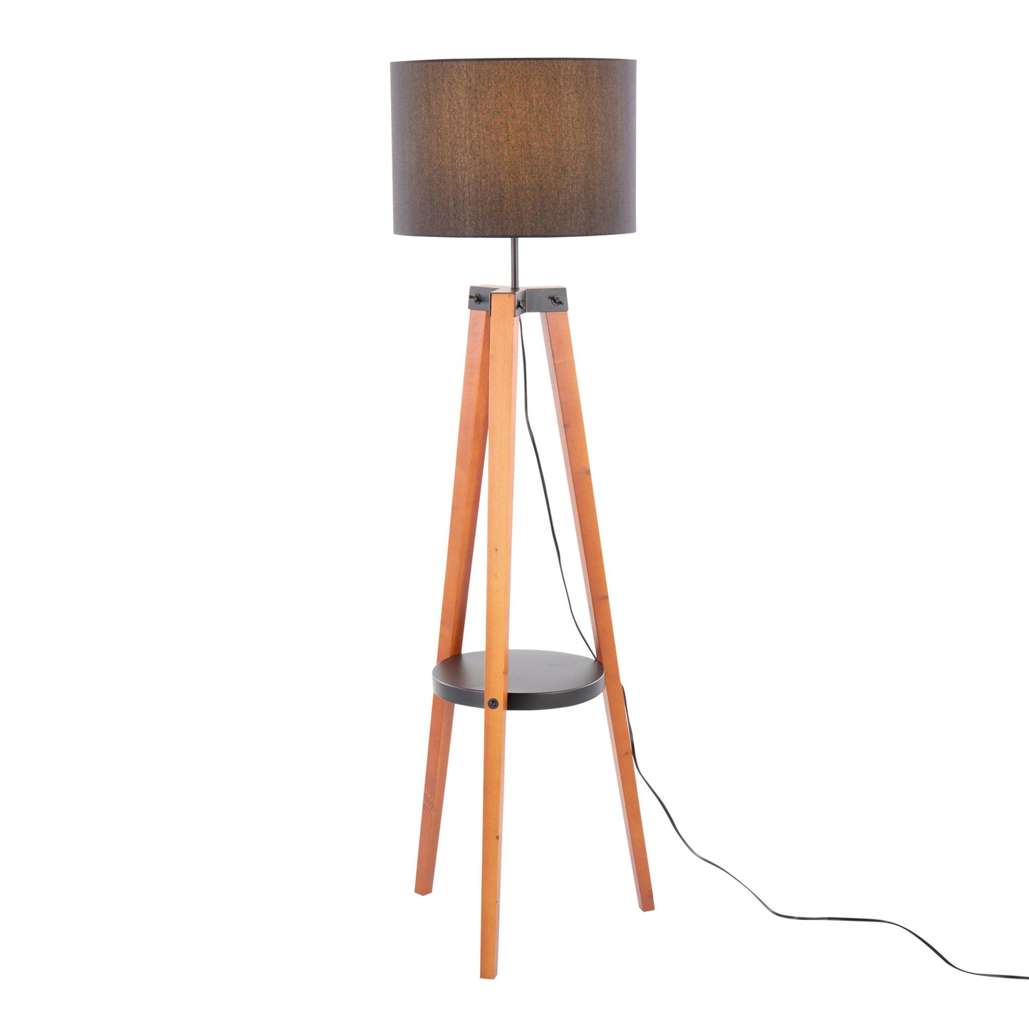 The Compass Mid Century Modern Floor Lamp features a brown cylindrical shade, three wooden tripod legs, a round black shelf midway, and a visible black power cord.