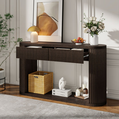 Oval Fluted Console Table With 2 Drawers And Bottom Shelf