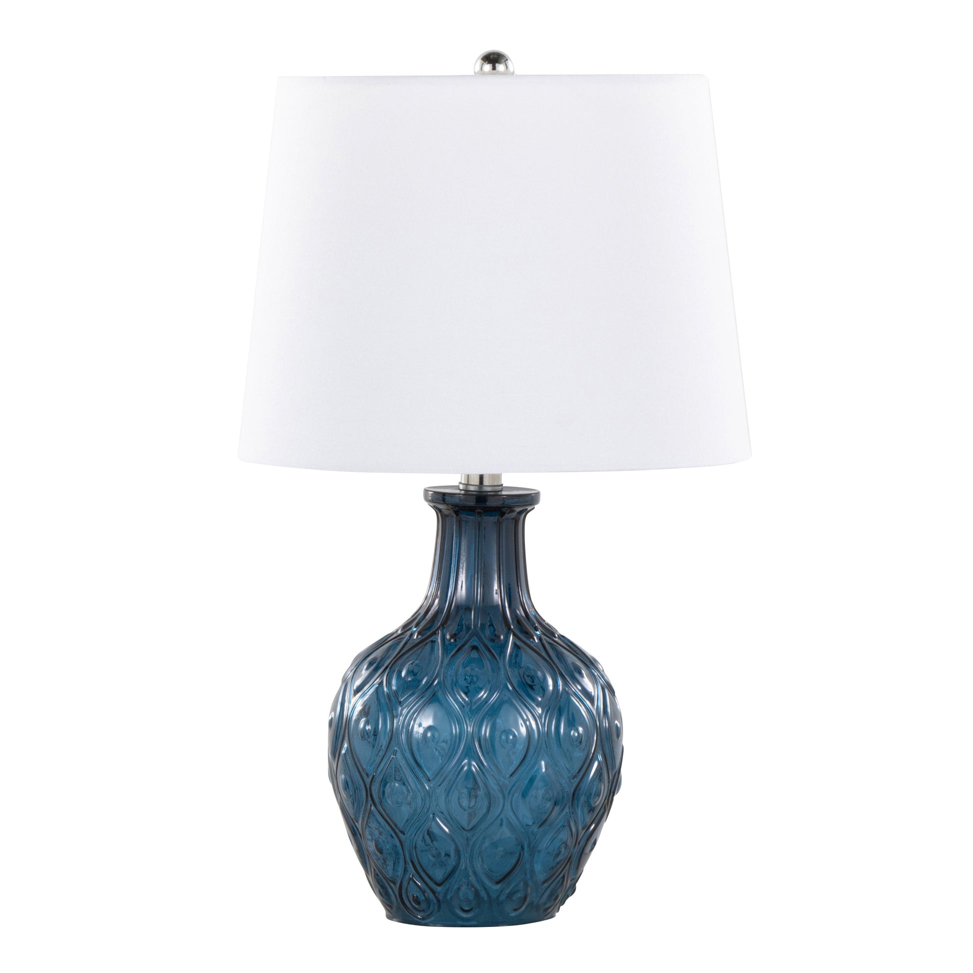 The Gloria - Round Contemporary Lamp set includes two table lamps with textured blue ceramic bases and decorative patterns, featuring smooth white conical lampshades and silver finials, designed in a classic style for home decor.