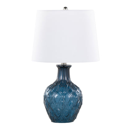 The Gloria - Round Contemporary Lamp set includes two table lamps with textured blue ceramic bases and decorative patterns, featuring smooth white conical lampshades and silver finials, designed in a classic style for home decor.