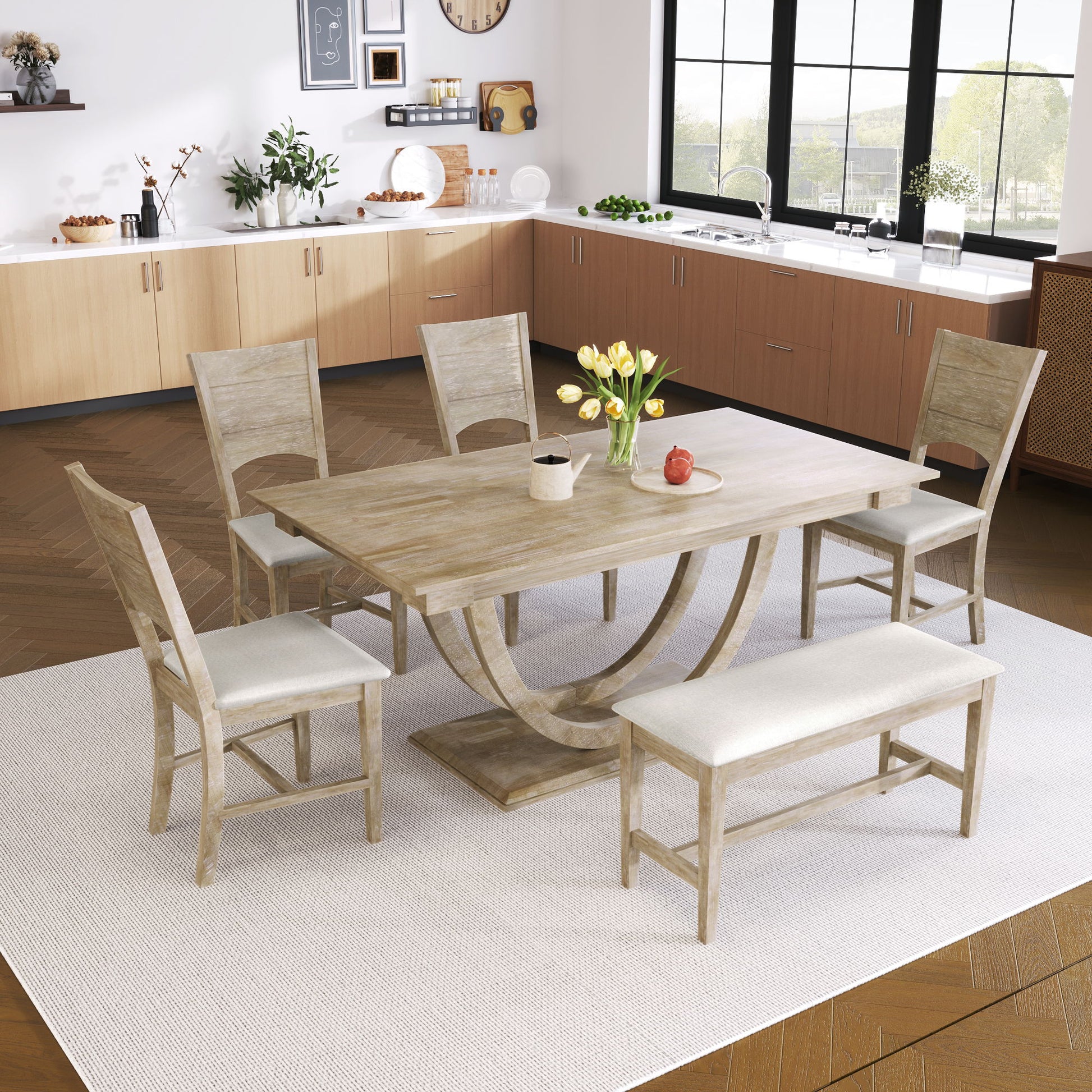 A modern dining room features the Topmax 6 Piece Wood Half Round Dining Table Set with a long bench, four chairs, and a wooden table on a light rug. The table is set with yellow tulips in a vase and cups. Large windows and wooden cabinets complete the scene.