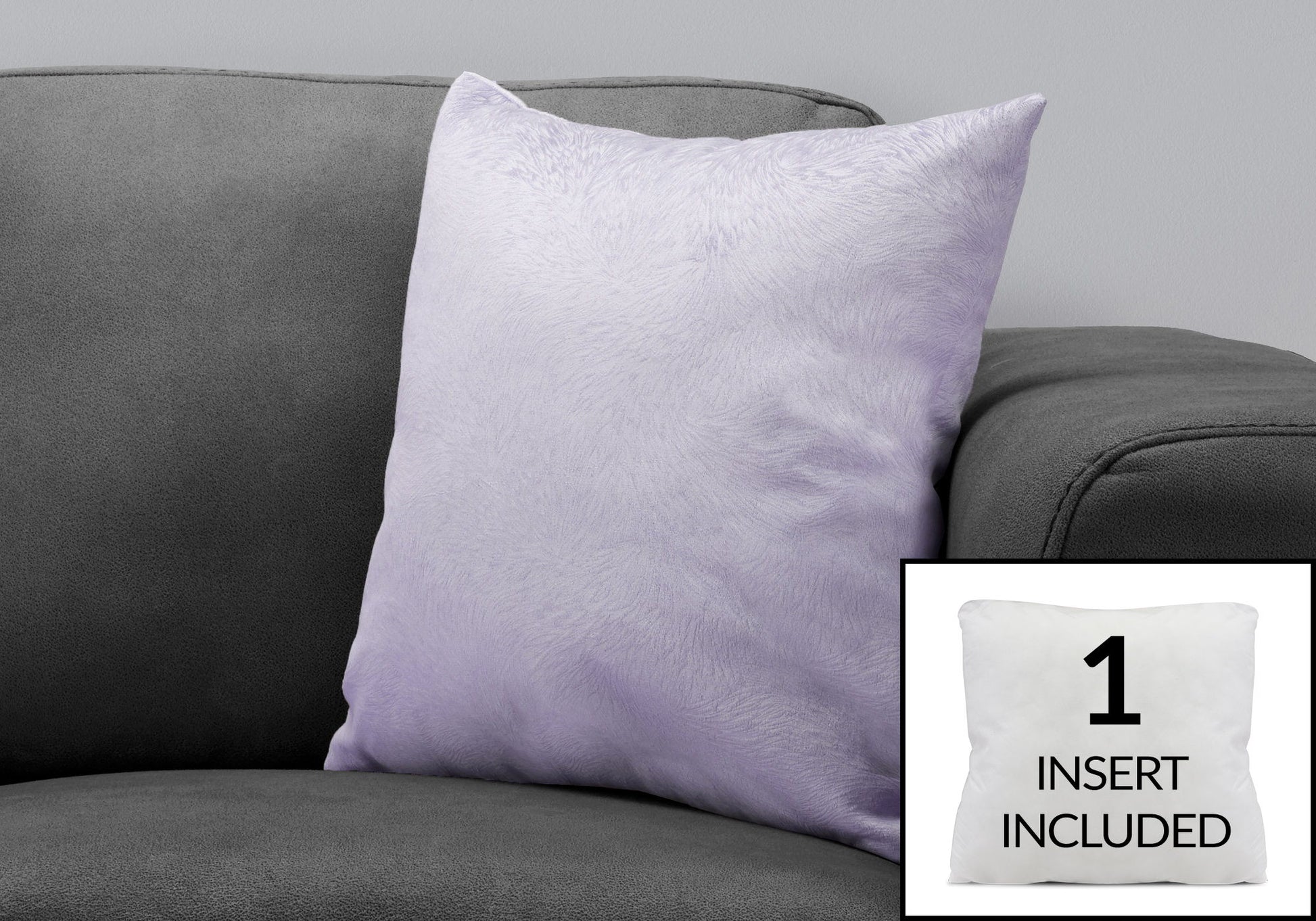 A light purple Pillows, Square, Insert Included, Decorative Throw, Hypoallergenic, Modern rests on a dark gray sofa. Inset image: a white pillow insert labeled "1 INSERT INCLUDED" in the corner.