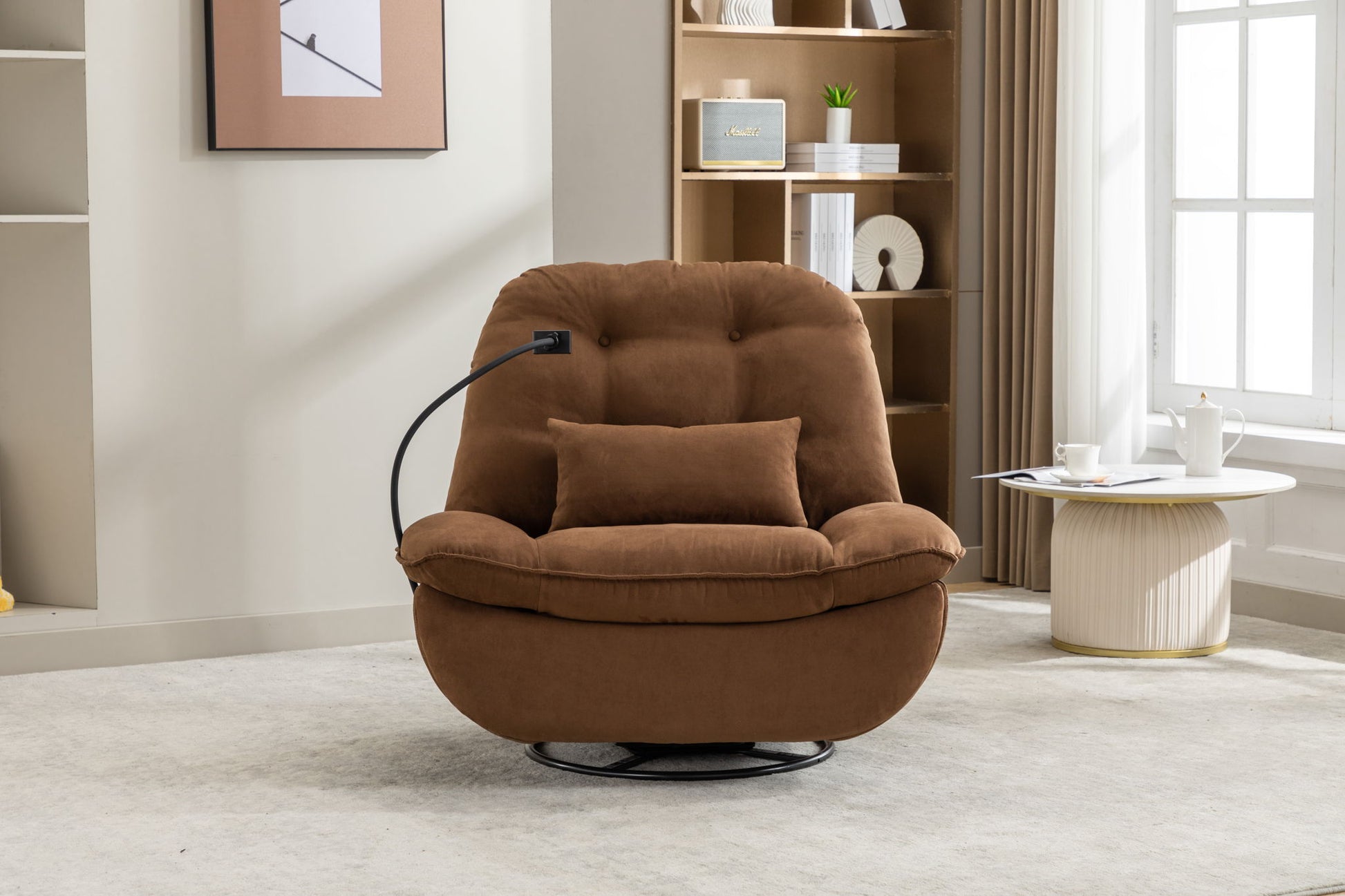 A Power Recliner Swivel Glider with USB charger and Bluetooth music player sits in a modern living room with a circular base, side lamp, decorated shelves, small round table, and a large window letting in natural light.