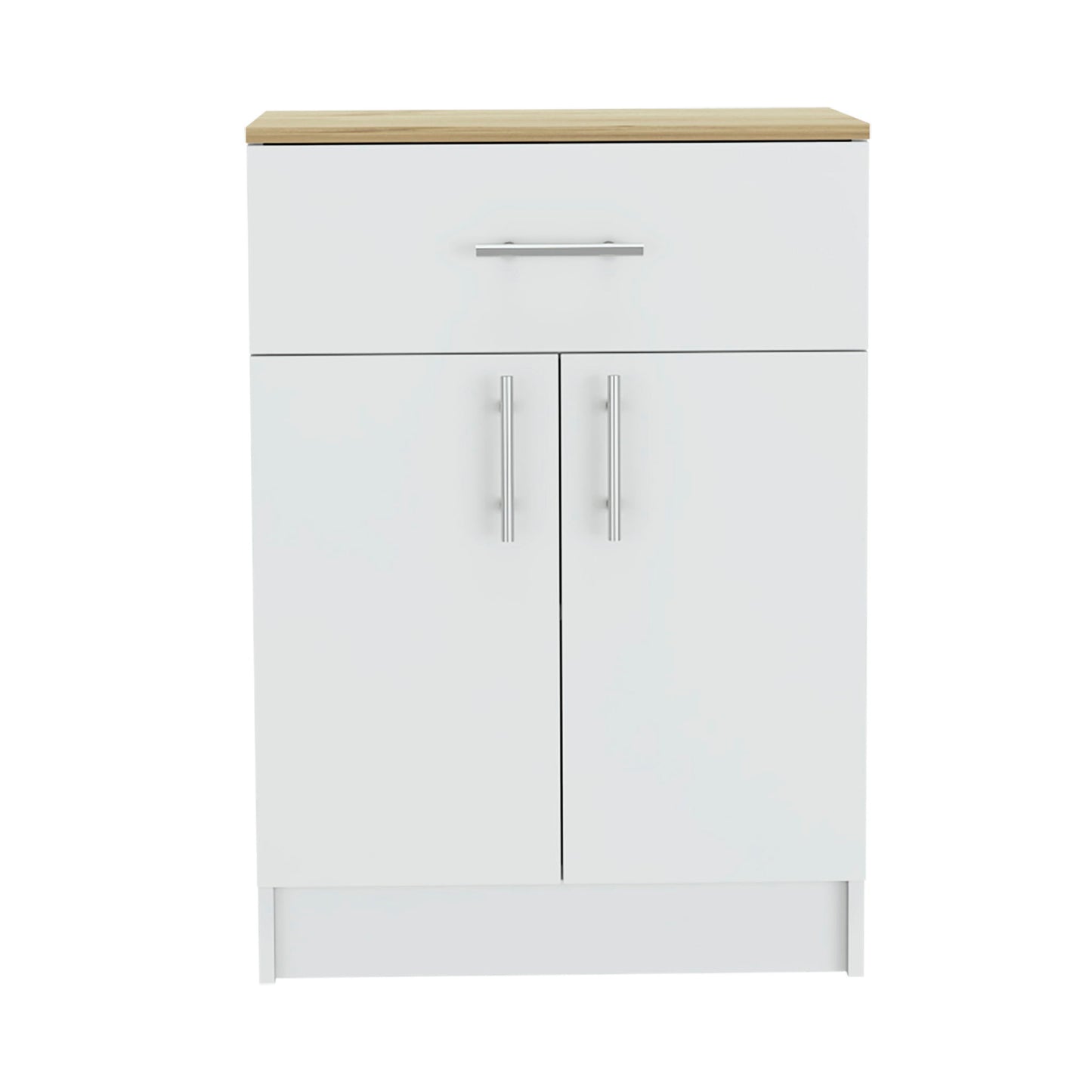 The Pantry Organizer Cabinet in White/Light Oak features a wooden top, one drawer with a horizontal handle, and two doors with vertical handles. It has two interior shelves and a simple, modern design.