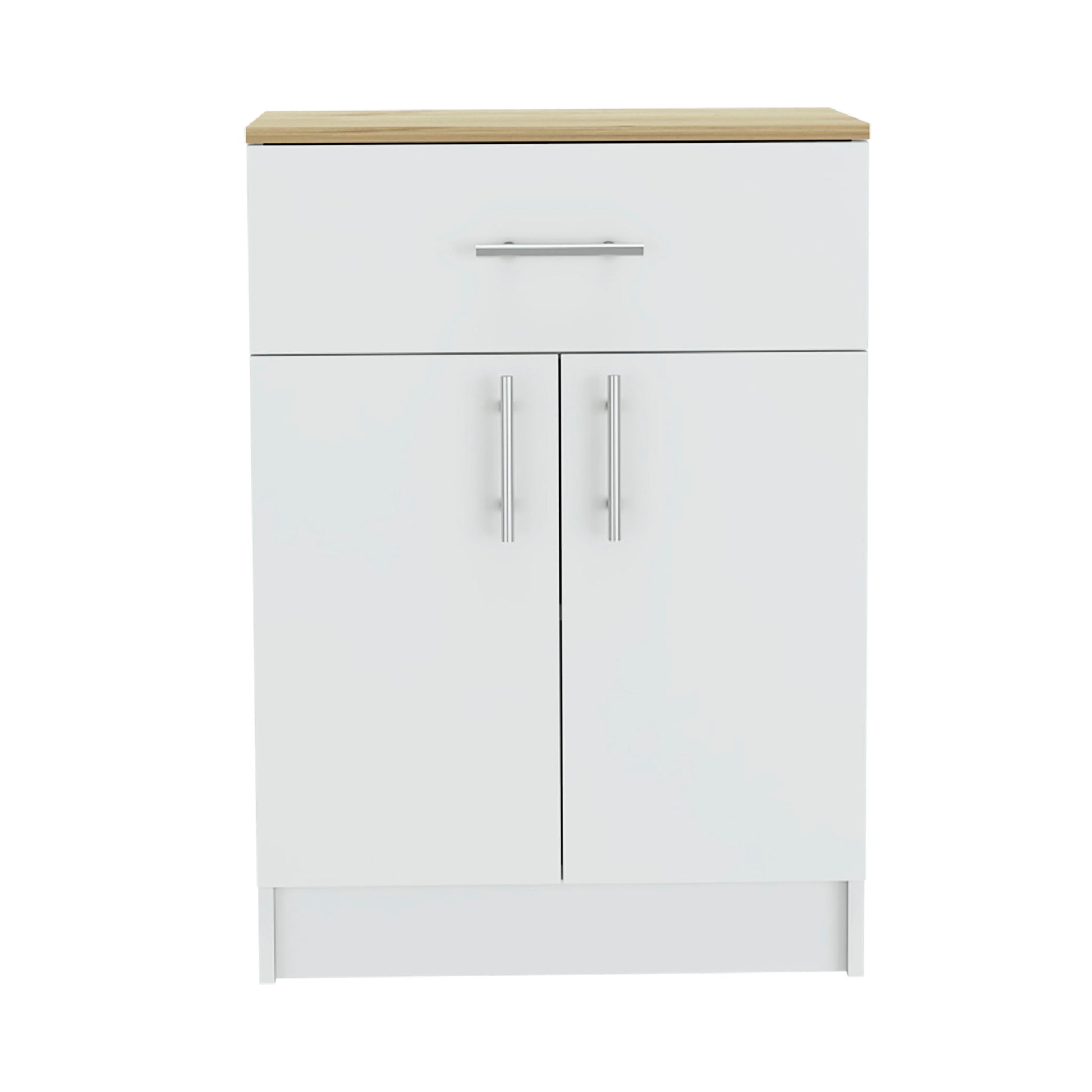 The Pantry Organizer Cabinet in White/Light Oak features a wooden top, one drawer with a horizontal handle, and two doors with vertical handles. It has two interior shelves and a simple, modern design.
