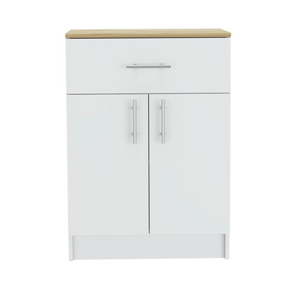 The Pantry Organizer Cabinet in White/Light Oak features a wooden top, one drawer with a horizontal handle, and two doors with vertical handles. It has two interior shelves and a simple, modern design.