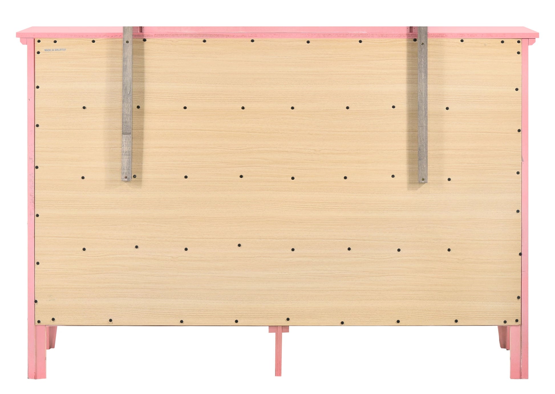 The Elegant Casual Dresser For Any Room features a pink frame, a light wood back panel with evenly spaced black screws, and two vertical metal support brackets.