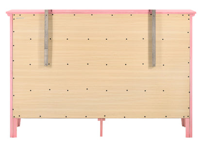 The Elegant Casual Dresser For Any Room features a pink frame, a light wood back panel with evenly spaced black screws, and two vertical metal support brackets.