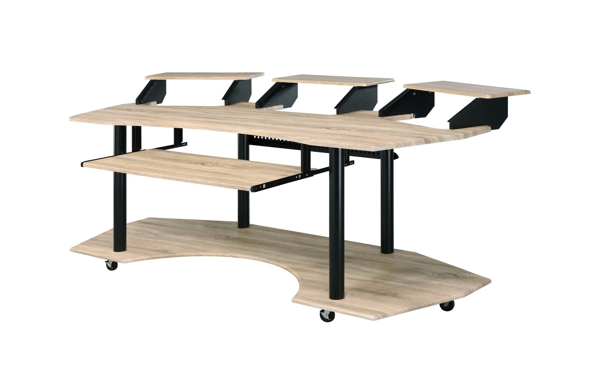 The Eleazar Music Recording Studio Desk features a light wood finish, black metal legs, multiple elevated shelves, a sliding keyboard tray, wheels for mobility, and a curved lower shelf—perfect for modern studios.