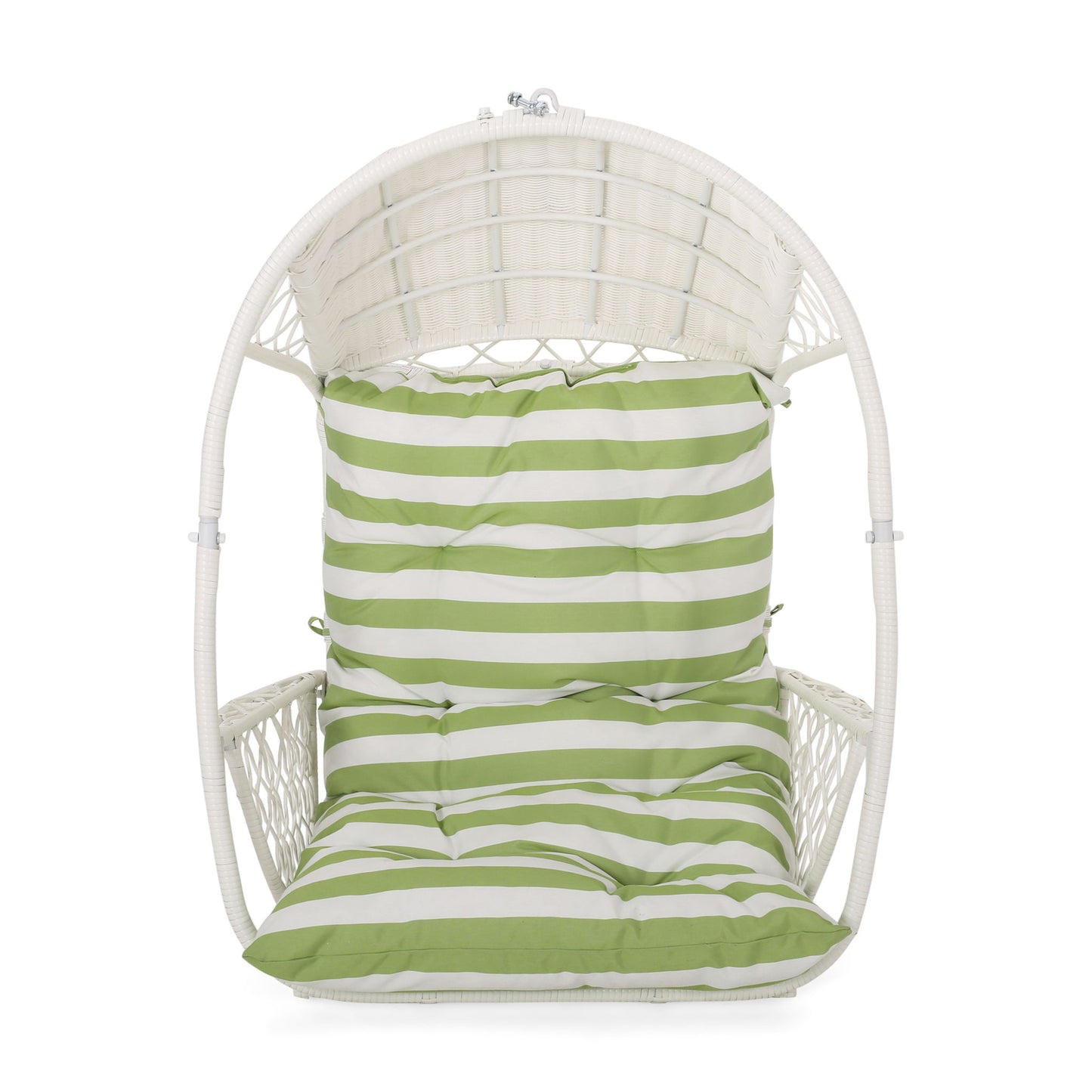 The Malia Wicker Hanging Chair features a white wicker frame and a green and white striped cushion on the seat and back, shown from the front.