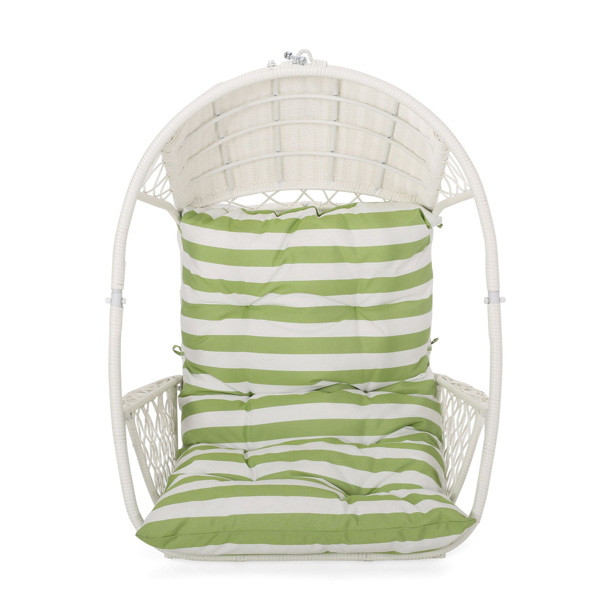 The Malia Wicker Hanging Chair features a white wicker frame and a green and white striped cushion on the seat and back, shown from the front.