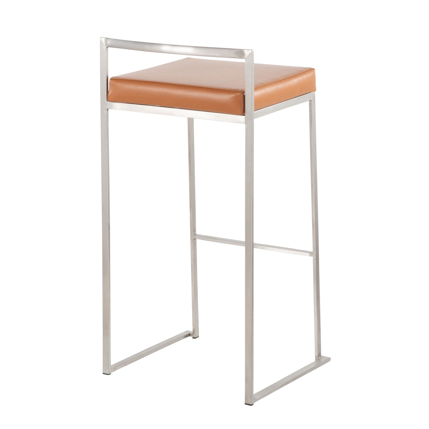 The Fuji - Contemporary Stackable Design Barstool features a sleek metal frame, a square tan cushioned seat, and an open backrest for modern style.