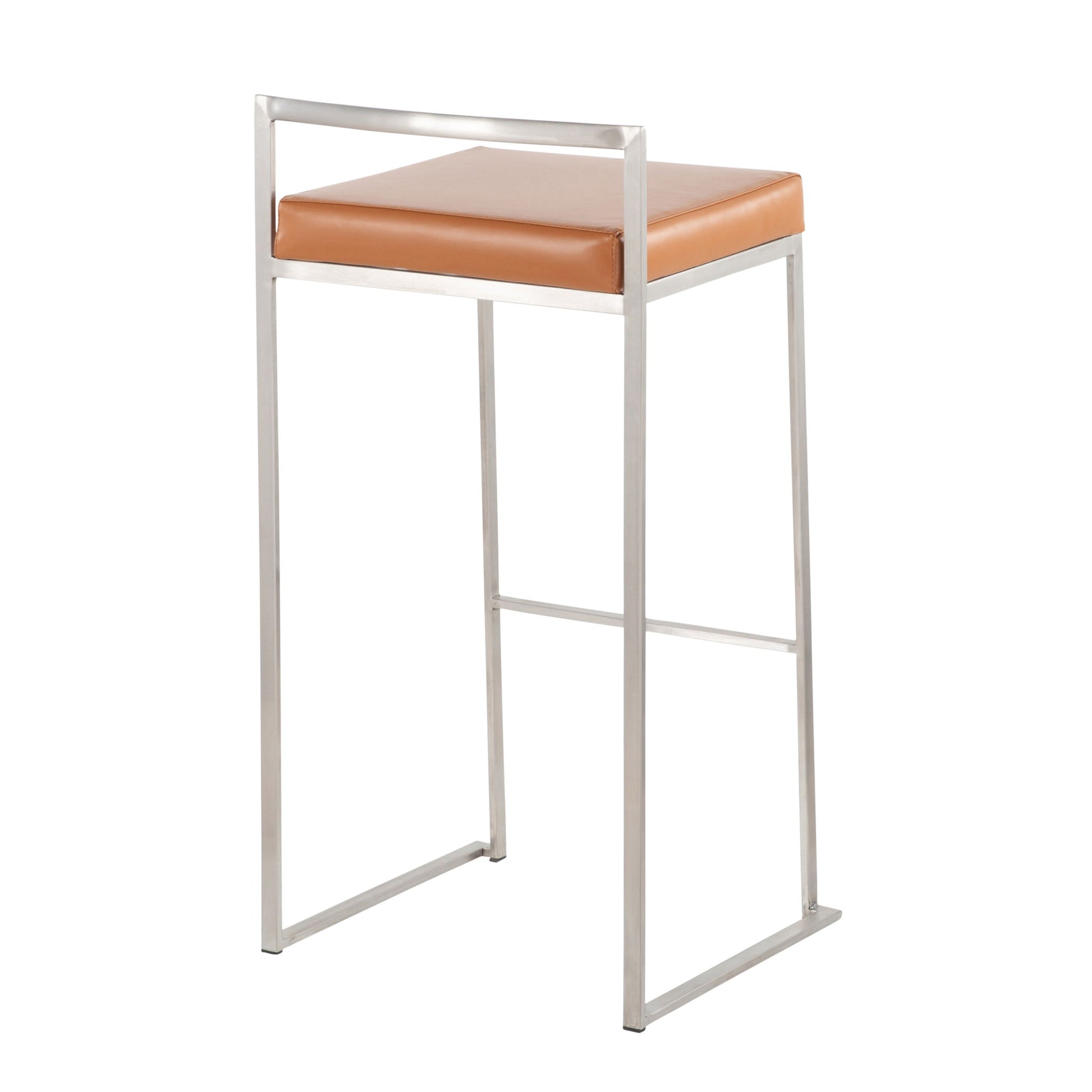 The Fuji - Contemporary Stackable Design Barstool features a sleek metal frame, a square tan cushioned seat, and an open backrest for modern style.