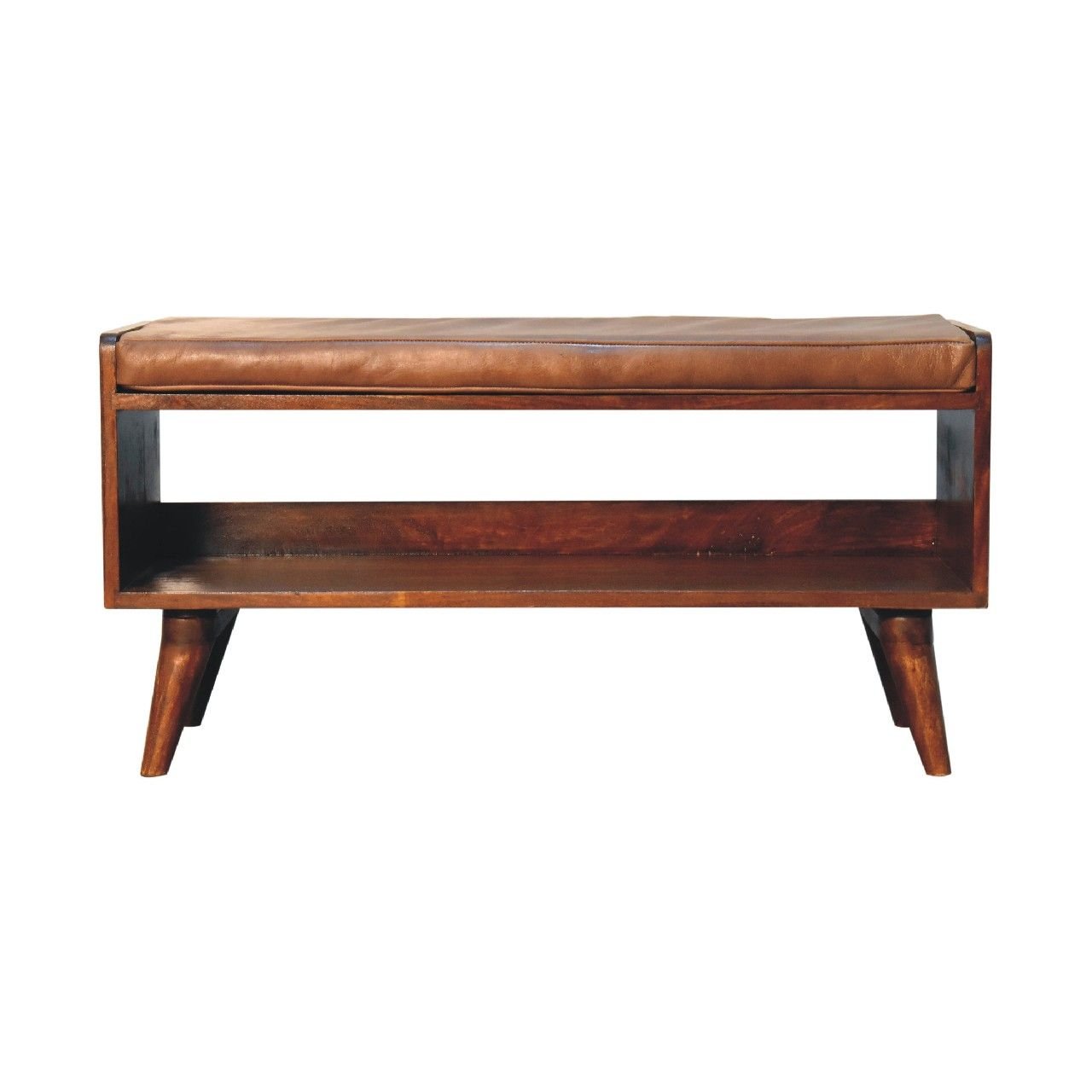 The Solid Wood Bench With Upholstered Seat features a brown leather cushion, an open storage shelf below, and four angled legs.