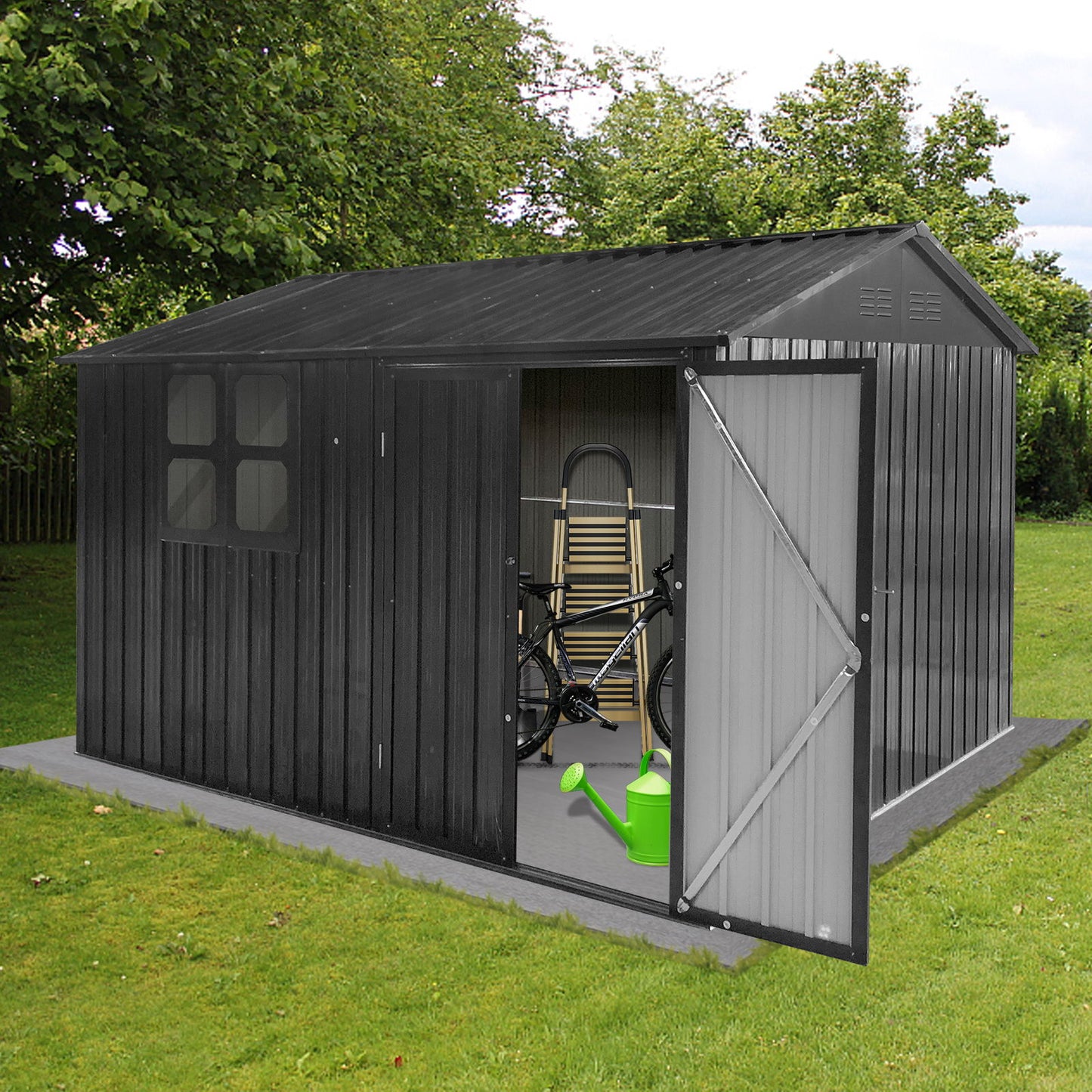 A 10' x 8' Garden Sheds Outdoor Storage Sheds With Window stands on a grassy lawn surrounded by trees, its open doors revealing a bicycle, ladder, folded table, and green watering can inside.