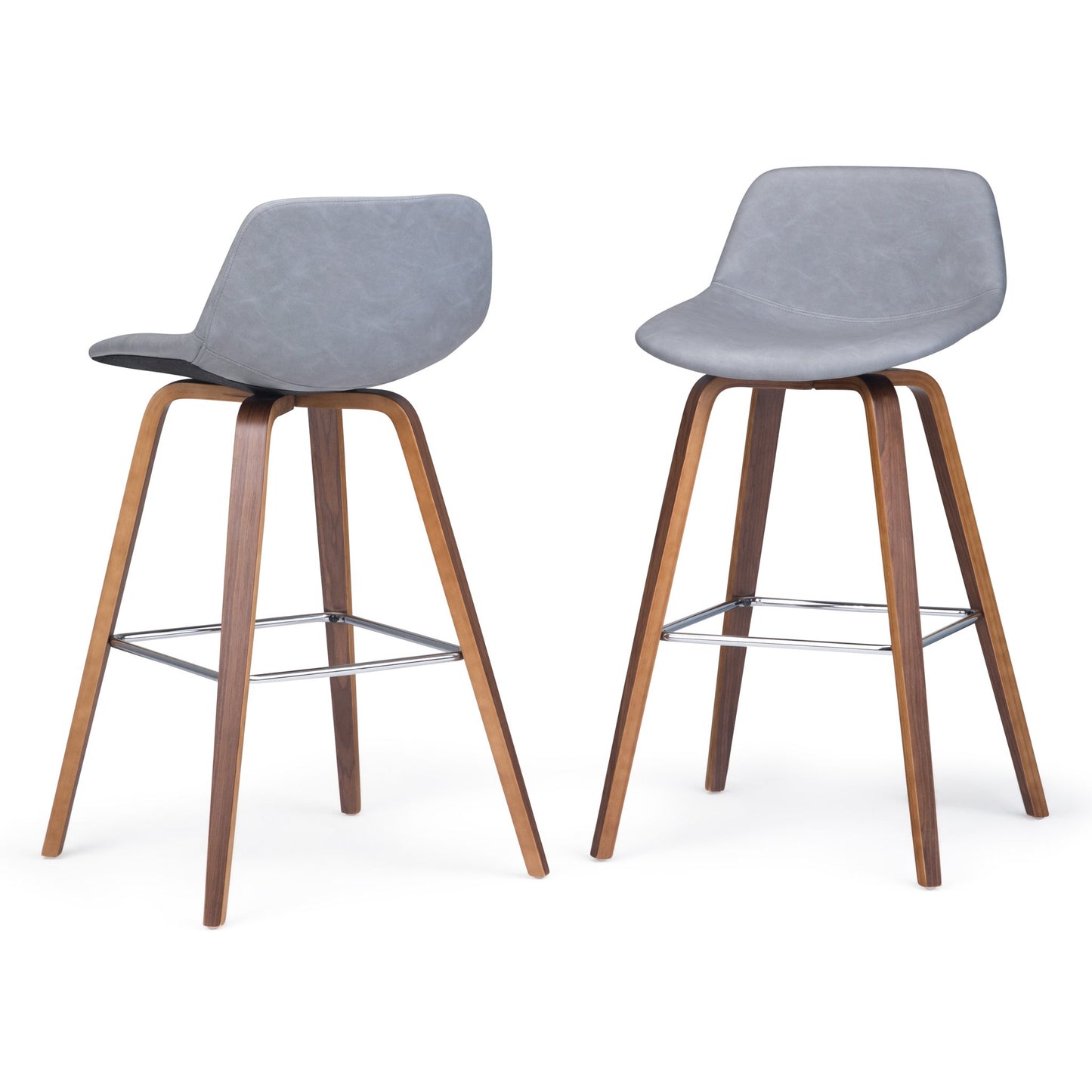 The Randolph Bentwood Counter/Bar Height Stools (Set of 2) feature grey cushioned seats, curved backrests, angled walnut-finished wooden legs, and metal footrests for added support.