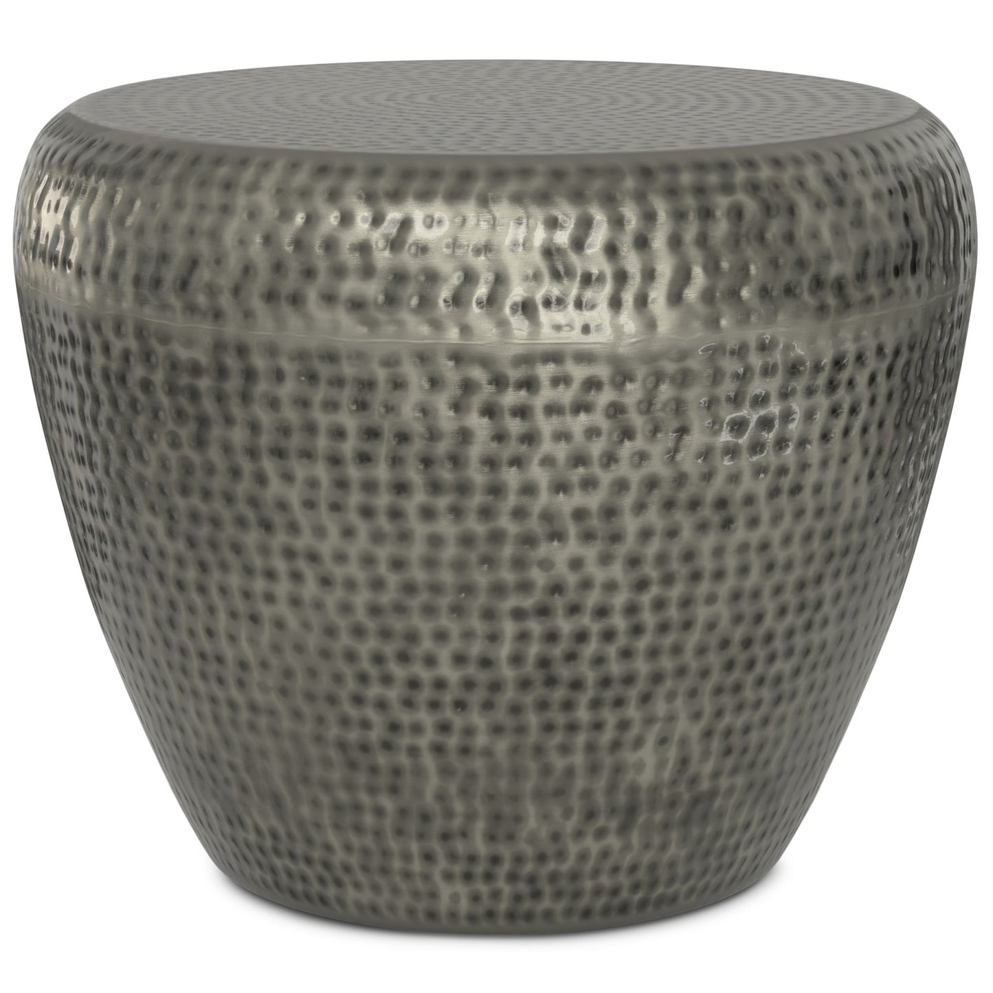 The Preston Handcrafted Metal Side Table features a round, silver-toned design with a hammered finish and a subtly tapered base, offering a modern, industrial look.
