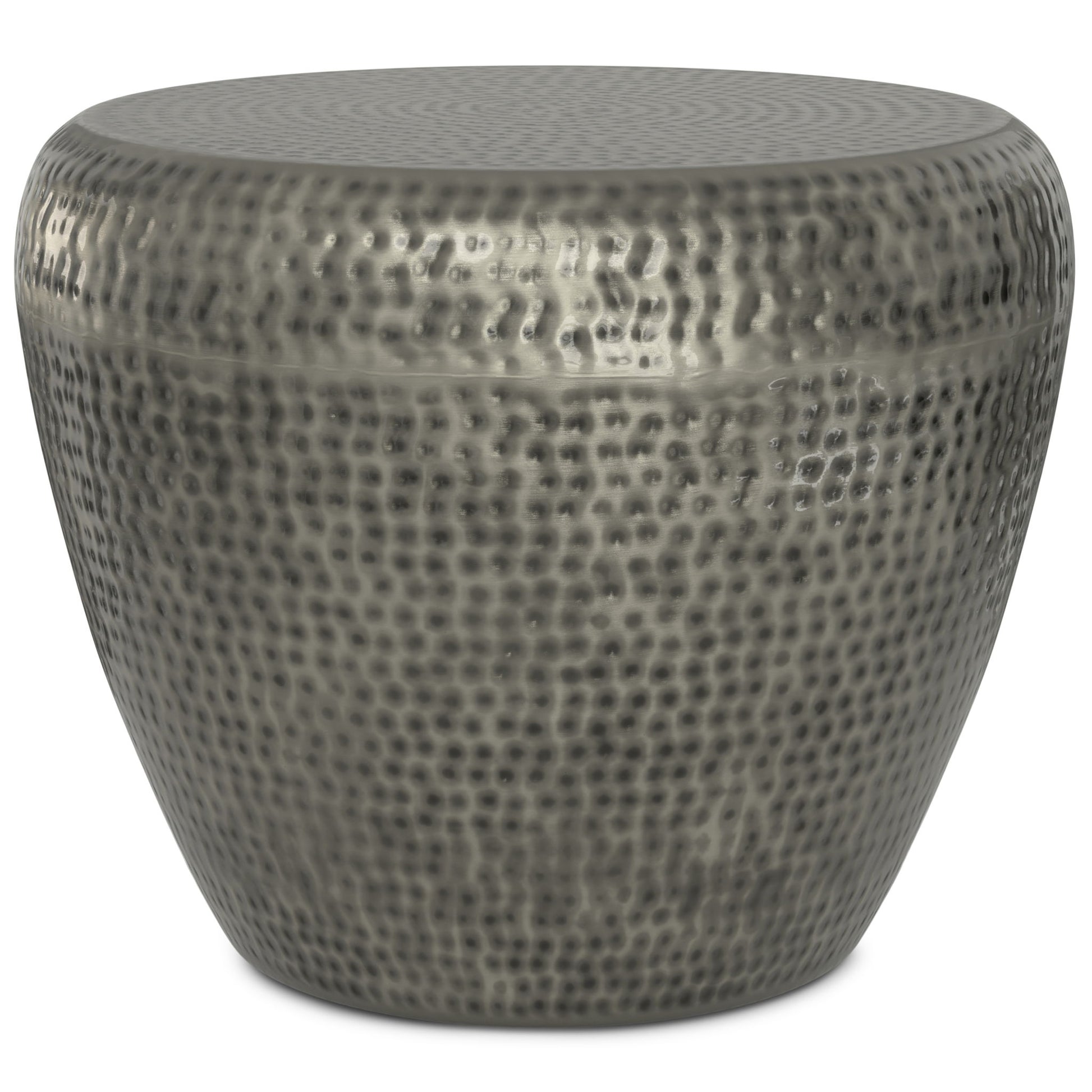The Preston Handcrafted Metal Side Table features a round, silver-toned design with a hammered finish and a subtly tapered base, offering a modern, industrial look.