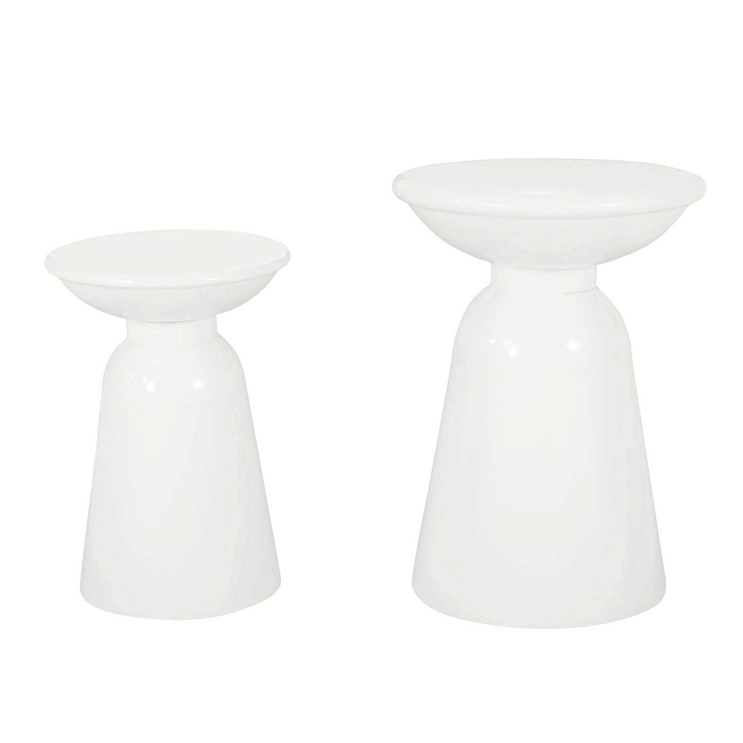The Serenita Outdoor Side Tables With Flared Design (Set of 2), featuring two glossy white tables of varying heights, are placed side by side against a plain white background.