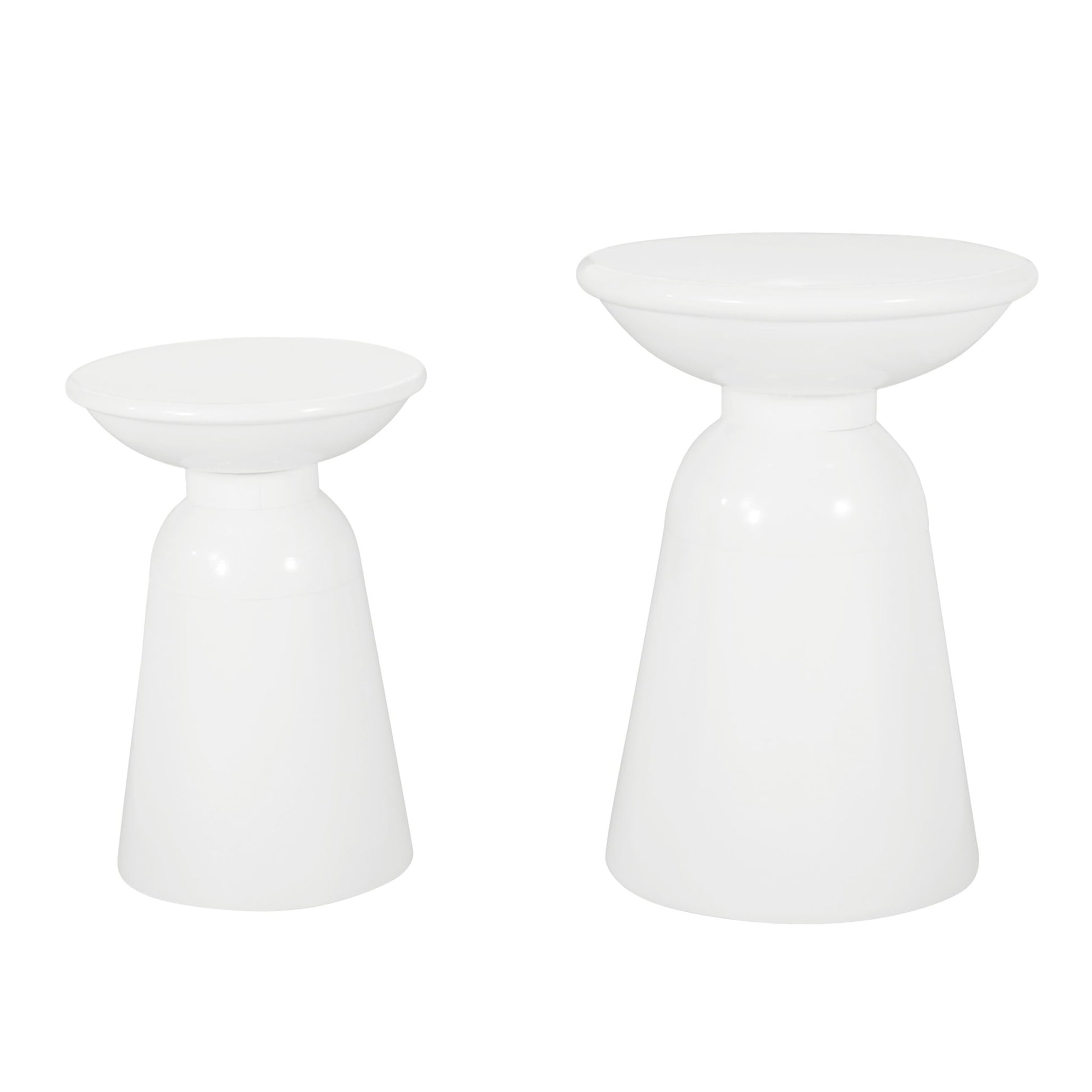 The Serenita Outdoor Side Tables With Flared Design (Set of 2), featuring two glossy white tables of varying heights, are placed side by side against a plain white background.