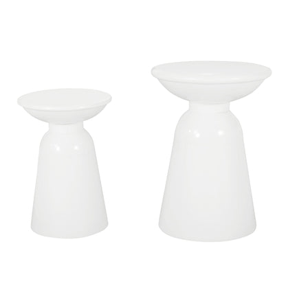The Serenita Outdoor Side Tables With Flared Design (Set of 2), featuring two glossy white tables of varying heights, are placed side by side against a plain white background.