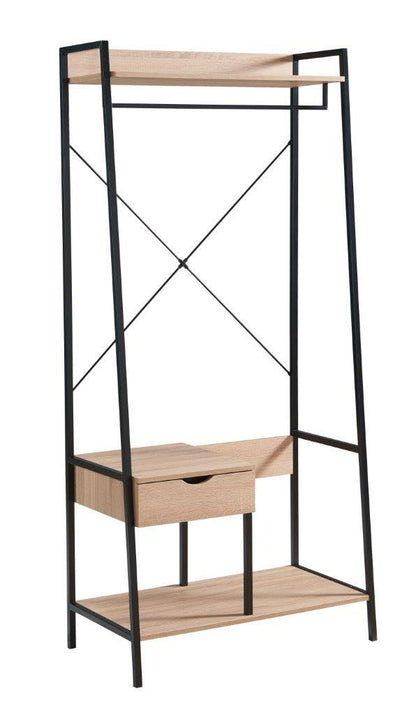 The Metal Clothes Rack Open Wardrobe Free Standing features a black metal frame, top shelf, hanging rod, single drawer, and a bottom shelf in light wood finish—ideal for organizing clothes and accessories.