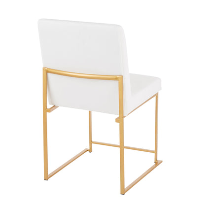 The Fuji High Back Dining Chair (Set of 2) features a modern white cushioned seat and backrest with a sleek gold metal frame and open rectangular legs, shown from the rear.