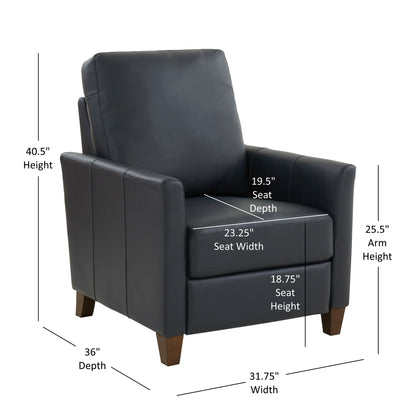 The Pablo Modern Recliner, shown in black with wooden legs, features labeled dimensions: 40.5" height, 36" depth, 31.75" width, 25.5" arm height, 23.25" seat width, 19.5" seat depth, and 18.75" seat height.