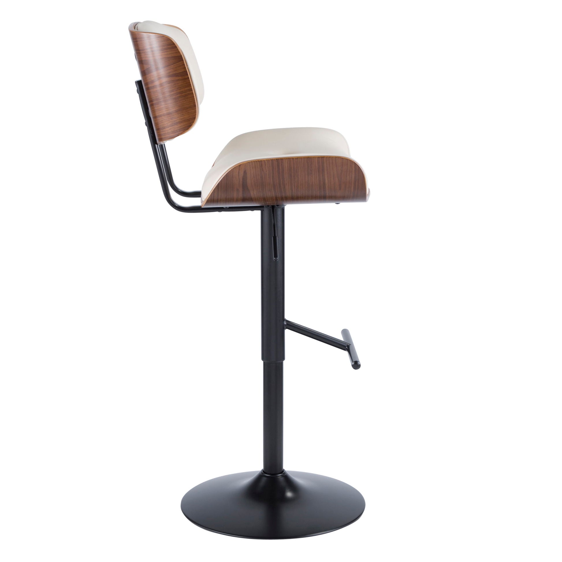 The Lombardi Mid Century Modern Adjustable Barstool features a beige cushioned seat and backrest, curved wood accents, and a black metal base with footrest, shown in side profile against a white background.