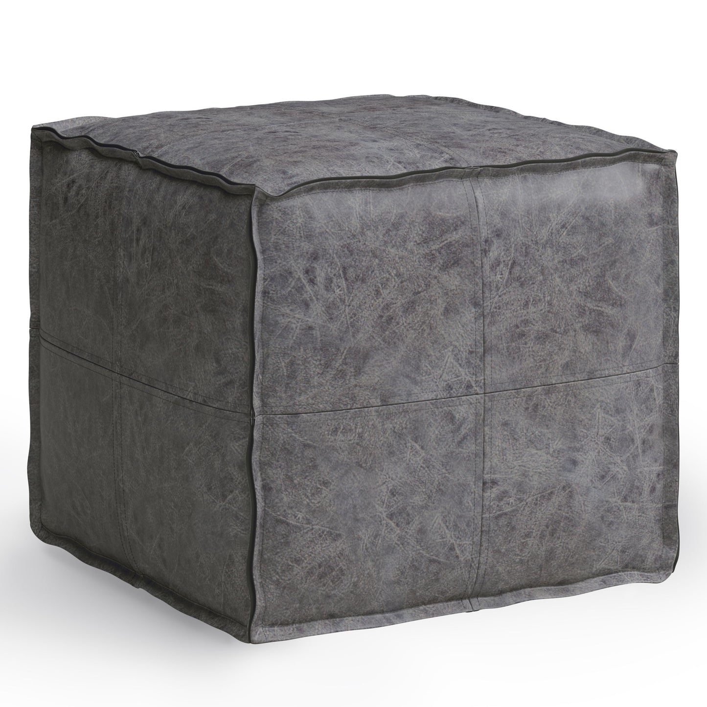 The Brody - Versatile Square Pouf is a gray, square leather seat featuring visible stitching and a subtly wrinkled texture, displayed on a white background.
