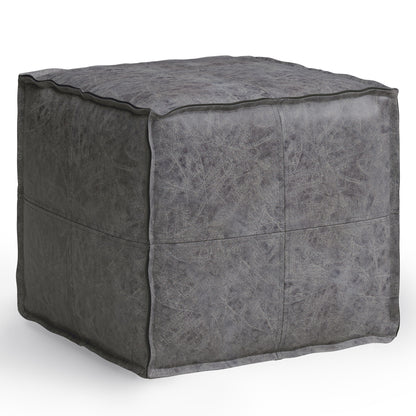 The Brody - Versatile Square Pouf is a gray, square leather seat featuring visible stitching and a subtly wrinkled texture, displayed on a white background.