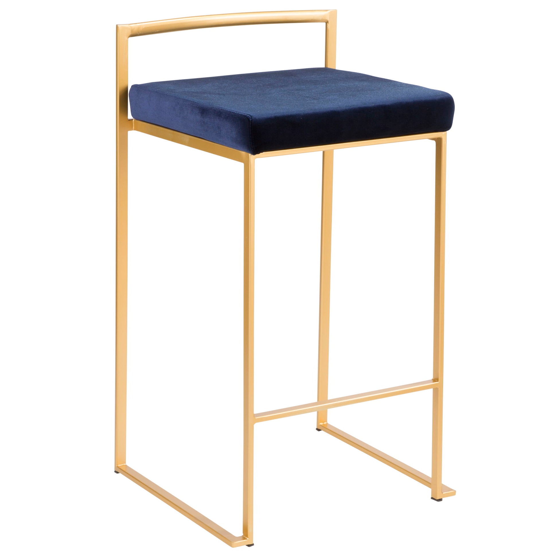 The Fuji Contemporary/Glam Counter Stool (Set of 2) features a gold metal frame, square navy blue velvet cushion seat, minimalist design, and low backrest for a modern touch.
