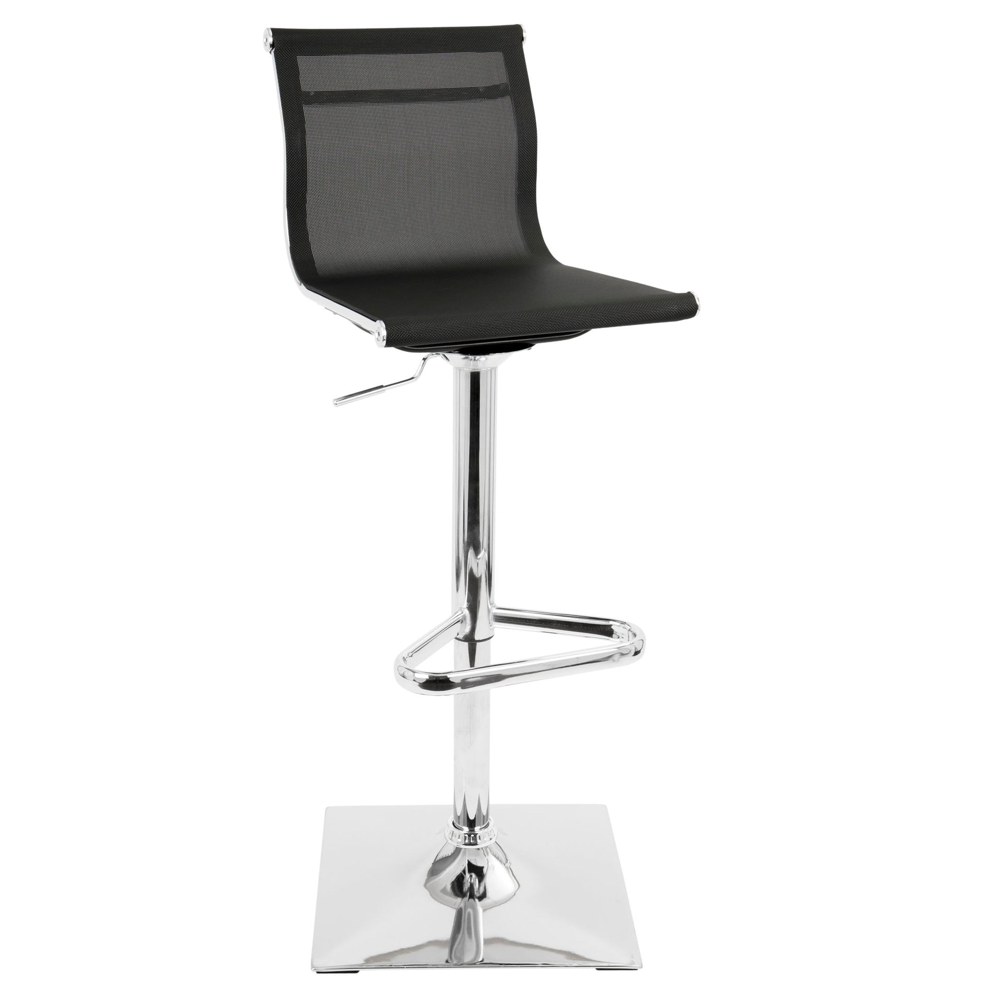 The Mirage is a contemporary adjustable barstool with swivel, featuring a black mesh seat and backrest, chrome frame, square base, footrest, and a convenient height adjustment lever on the side.