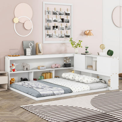 A cozy children's bedroom features a Floor Bed With L-Shaped Bookcases, Sliding Doors, Without Slats, filled with toys and books, accented by pastel wall art, a photo collage, soft lighting, and a patterned rug.