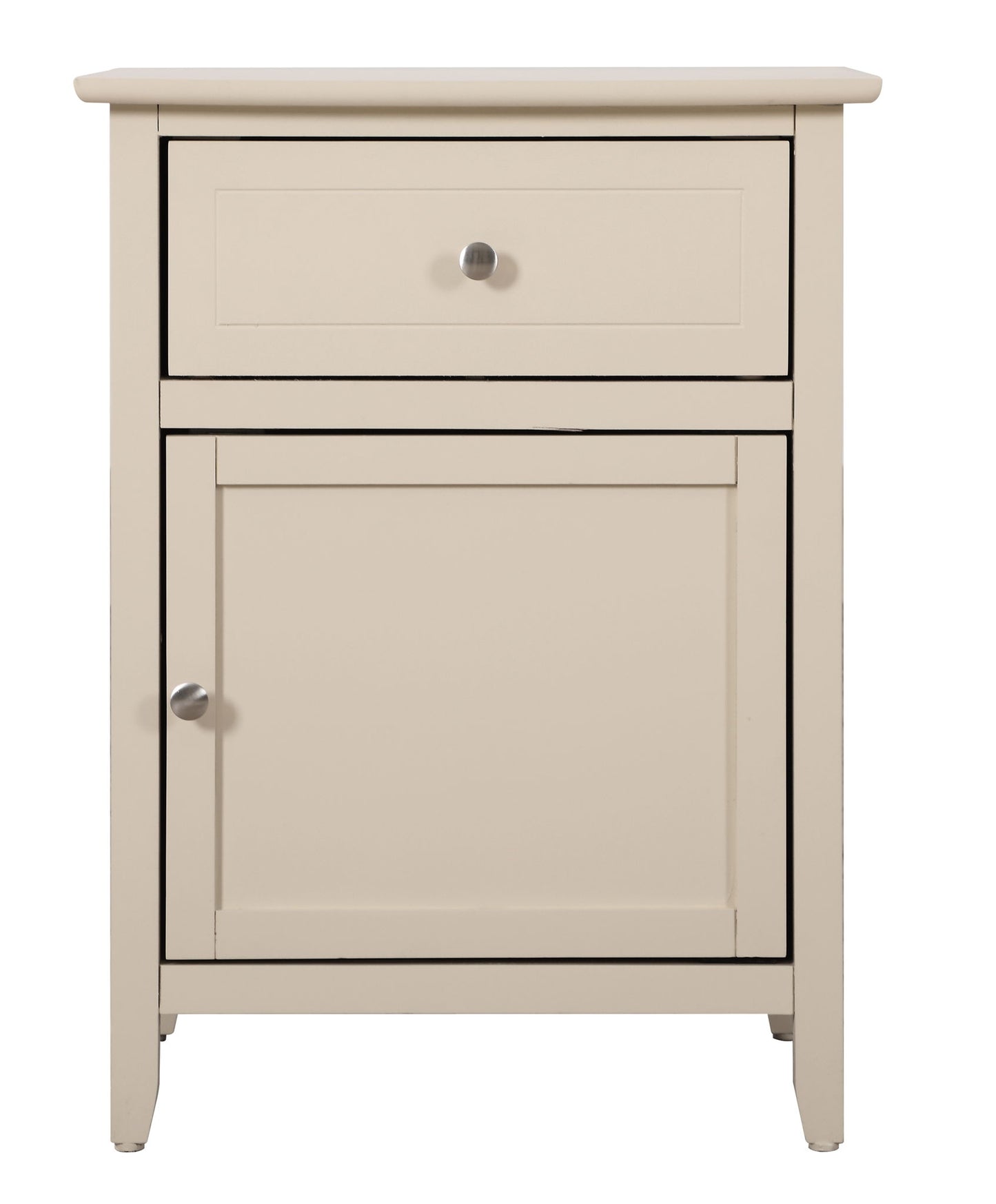 The Izzy - 1 Drawer / 1 Door Nightstand is a beige wooden cabinet with a top drawer and a lower door, both with round silver knobs, shown against a plain white background.