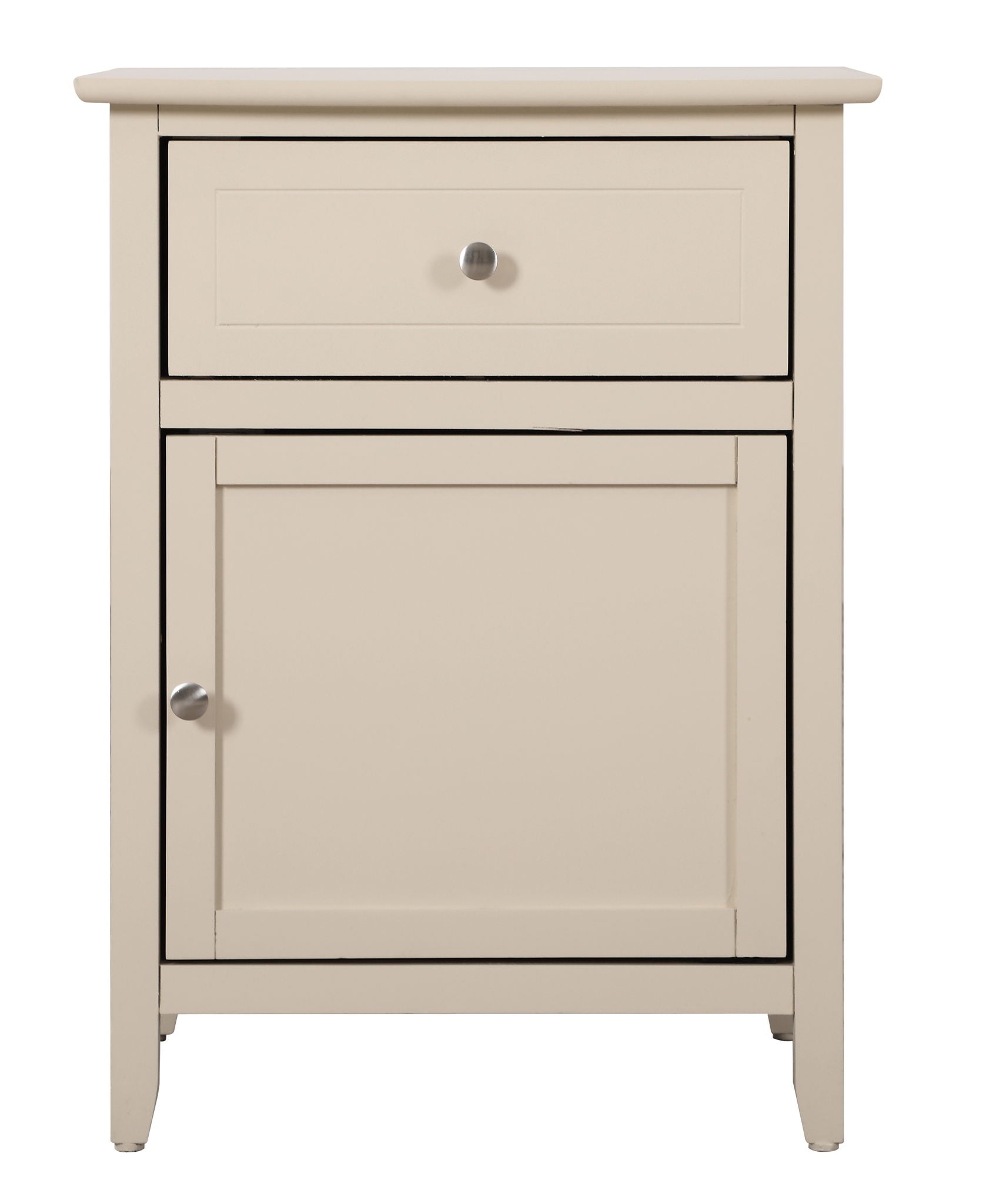 The Izzy - 1 Drawer / 1 Door Nightstand is a beige wooden cabinet with a top drawer and a lower door, both with round silver knobs, shown against a plain white background.