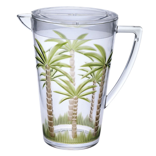 The Unbreakable Plastic Water Pitcher With Lid, Palm Tree Design - Clear features a clear body with matching lid, illustrated with tall green palm trees and grass around the base.