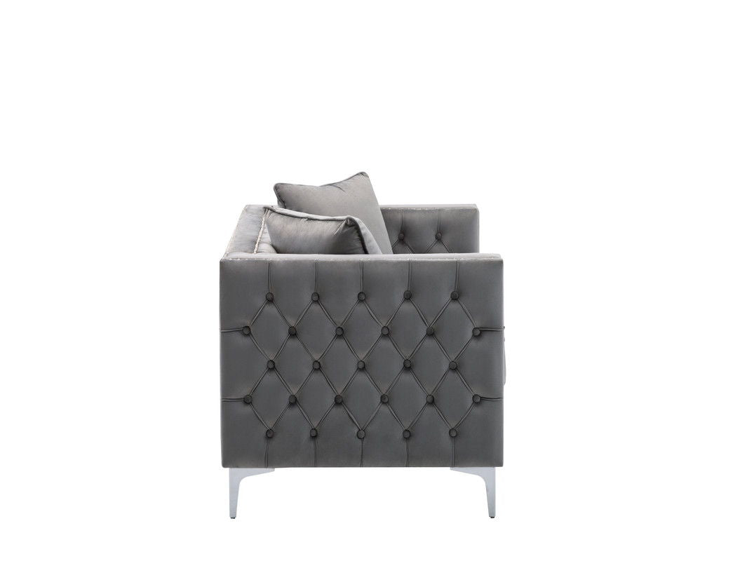 Side view of the Lorreto - Velvet Loveseat in modern grey velvet with button-tufted upholstery, two back cushions, and metal legs, set against a plain white background.