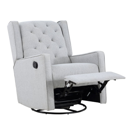 The Milah - Gliding Swivel Recliner Tufted features a light gray upholstered design with a tufted backrest, padded armrests, extended footrest, manual reclining lever on the side, and sits on a round swivel base.