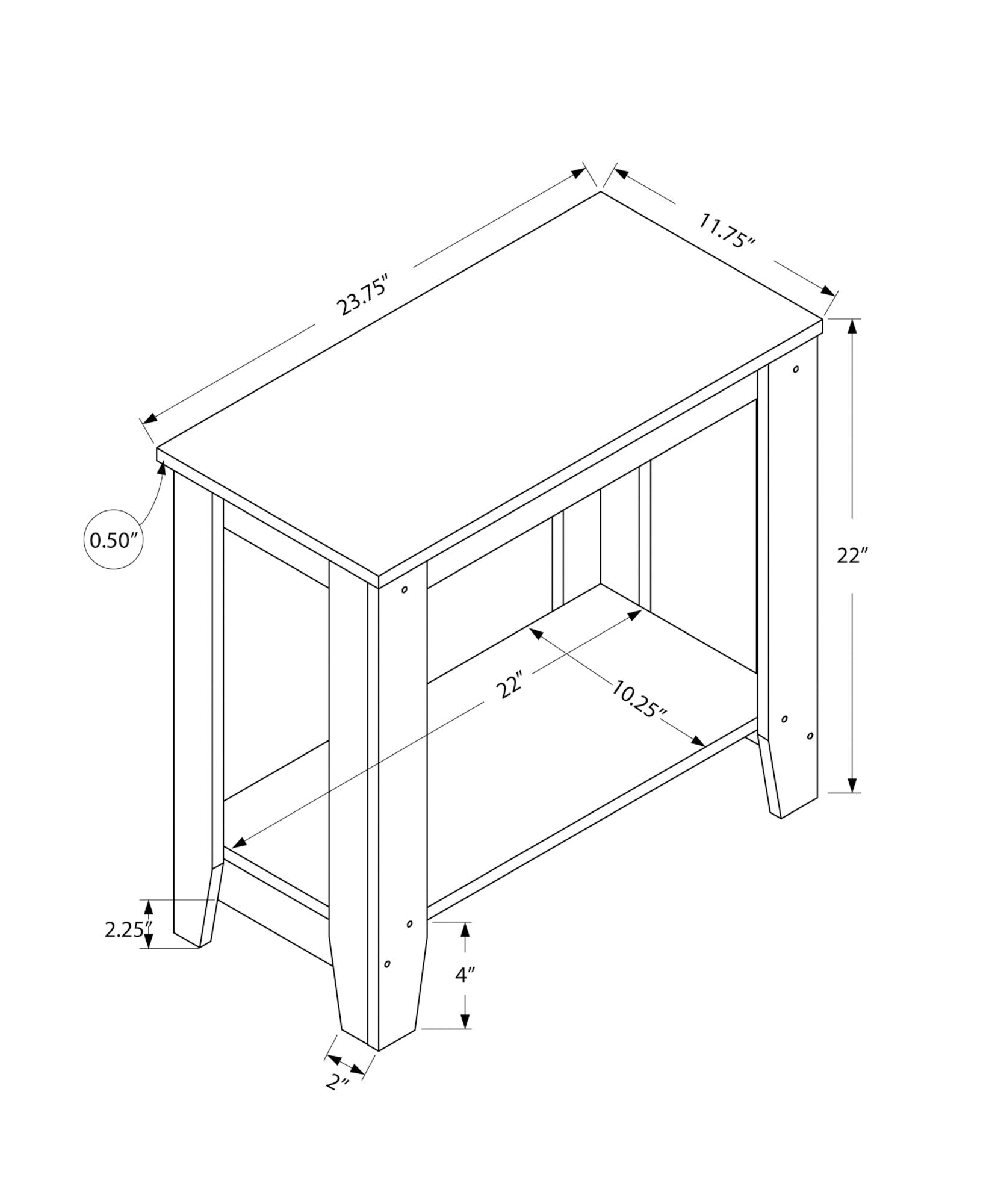 Black and white line drawing of the Accent Table, Side Transitional, Elegant Design, labeled: 23.75" W x 11.75" D x 22" H; shelf is 22" W x 10.25" D, placed 4" above ground; legs measure 2.25" wide.