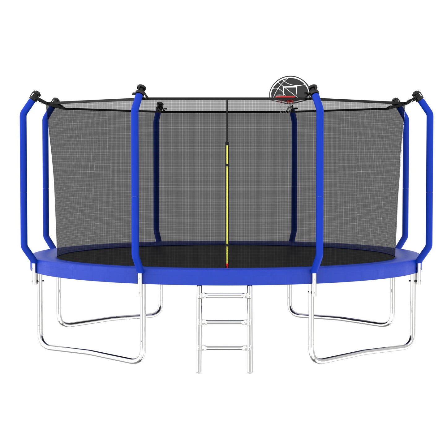The Trampoline With Basketball Hoop is an ASTM approved outdoor trampoline in blue and black, featuring a reinforced frame, enclosure net, metal ladder, and an attached basketball hoop inside.