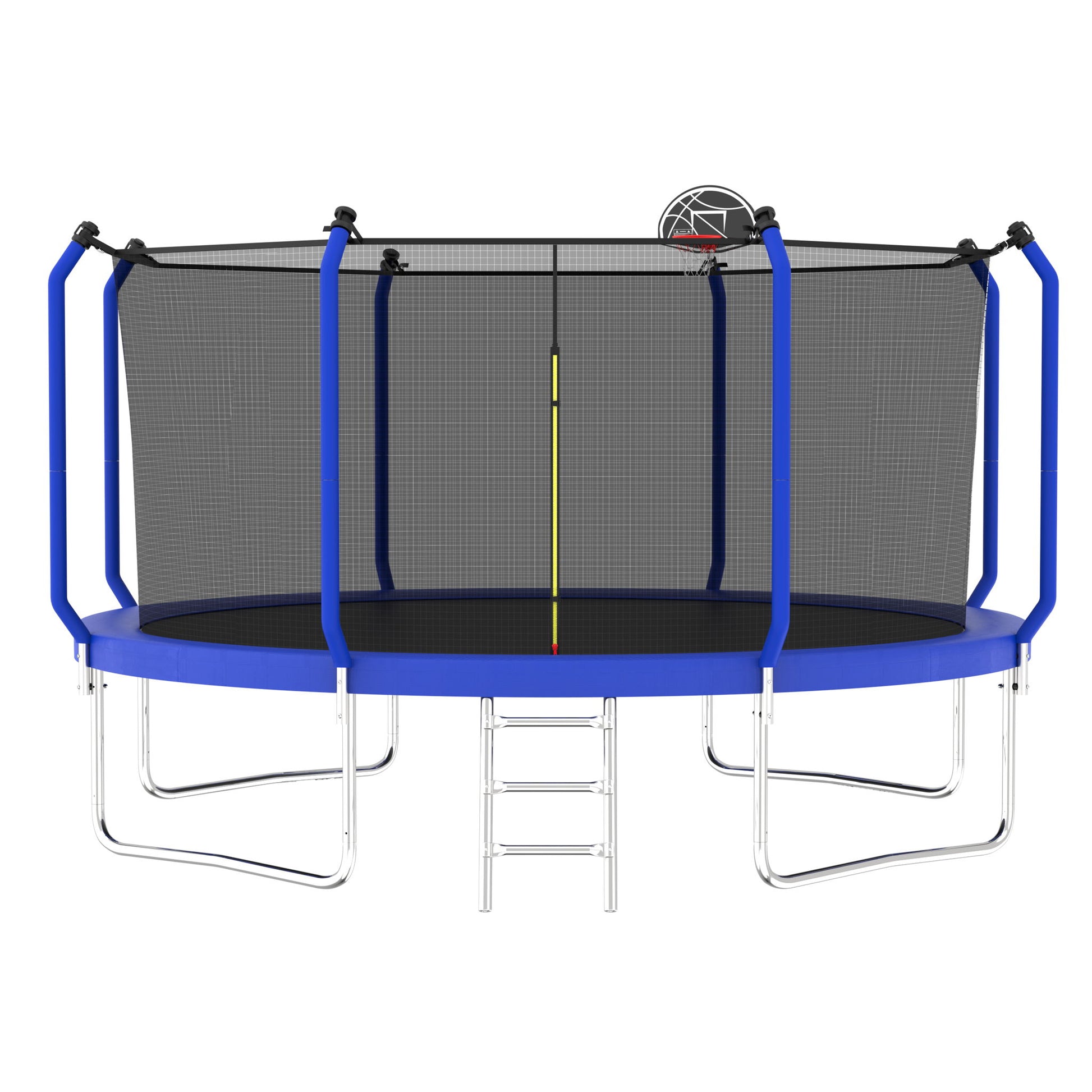 The Trampoline With Basketball Hoop is an ASTM approved outdoor trampoline in blue and black, featuring a reinforced frame, enclosure net, metal ladder, and an attached basketball hoop inside.