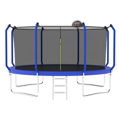 The Trampoline With Basketball Hoop is an ASTM approved outdoor trampoline in blue and black, featuring a reinforced frame, enclosure net, metal ladder, and an attached basketball hoop inside.