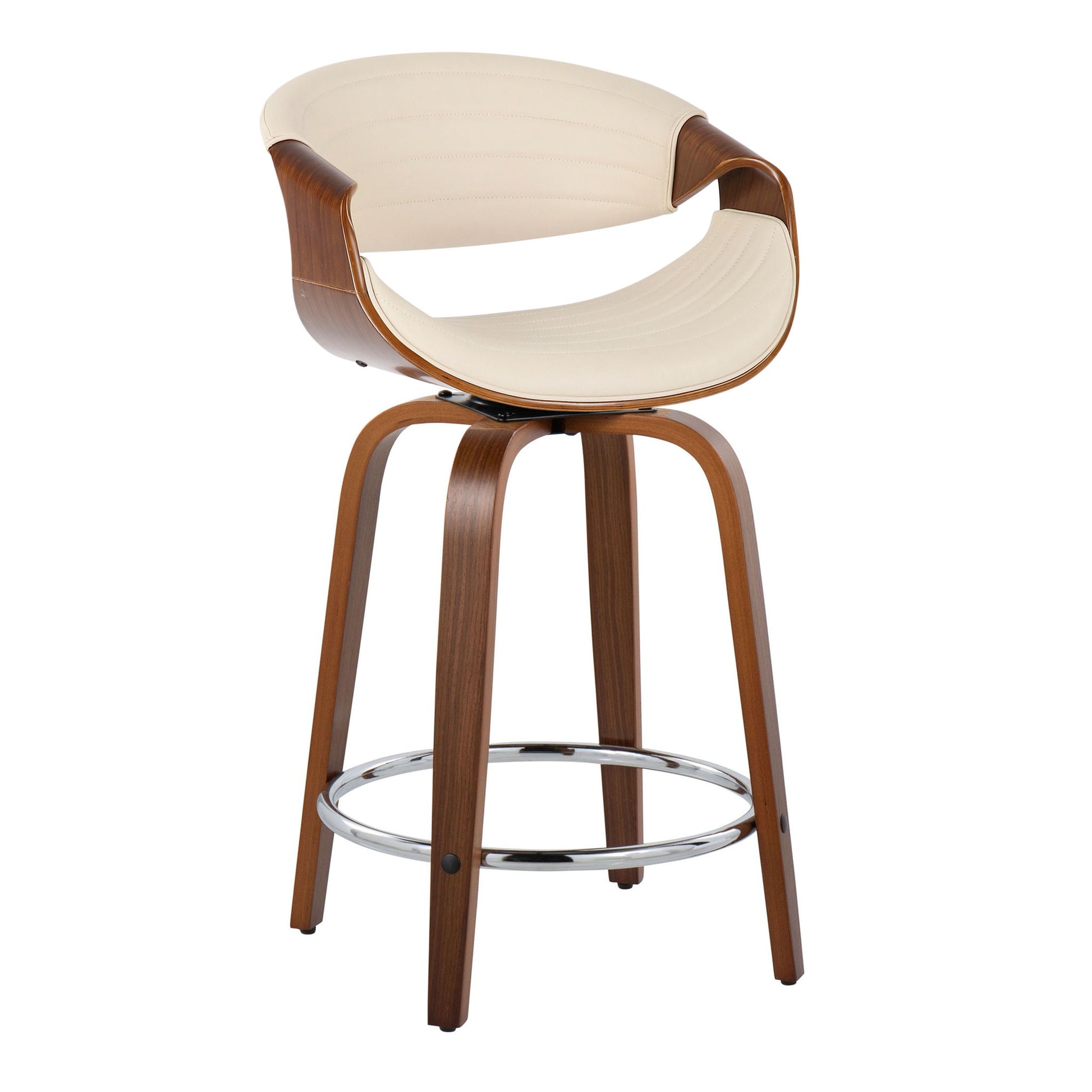 The Symphony set includes two mid-century modern counter stools in walnut with a curved wooden frame, cream cushioned swivel seat and backrest, round chrome footrest, and four sturdy legs.