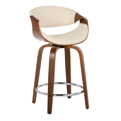 The Symphony set includes two mid-century modern counter stools in walnut with a curved wooden frame, cream cushioned swivel seat and backrest, round chrome footrest, and four sturdy legs.