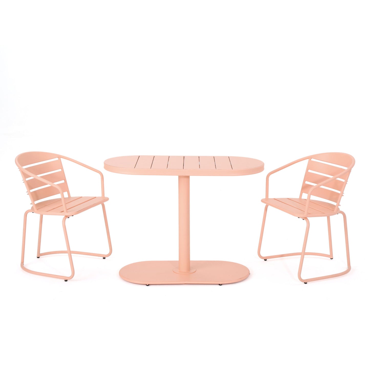The 3 Piece Elegant Outdoor Bistro Set features a peach-colored oval metal table and two matching chairs with slatted backrests and seats, shown against a plain white background.
