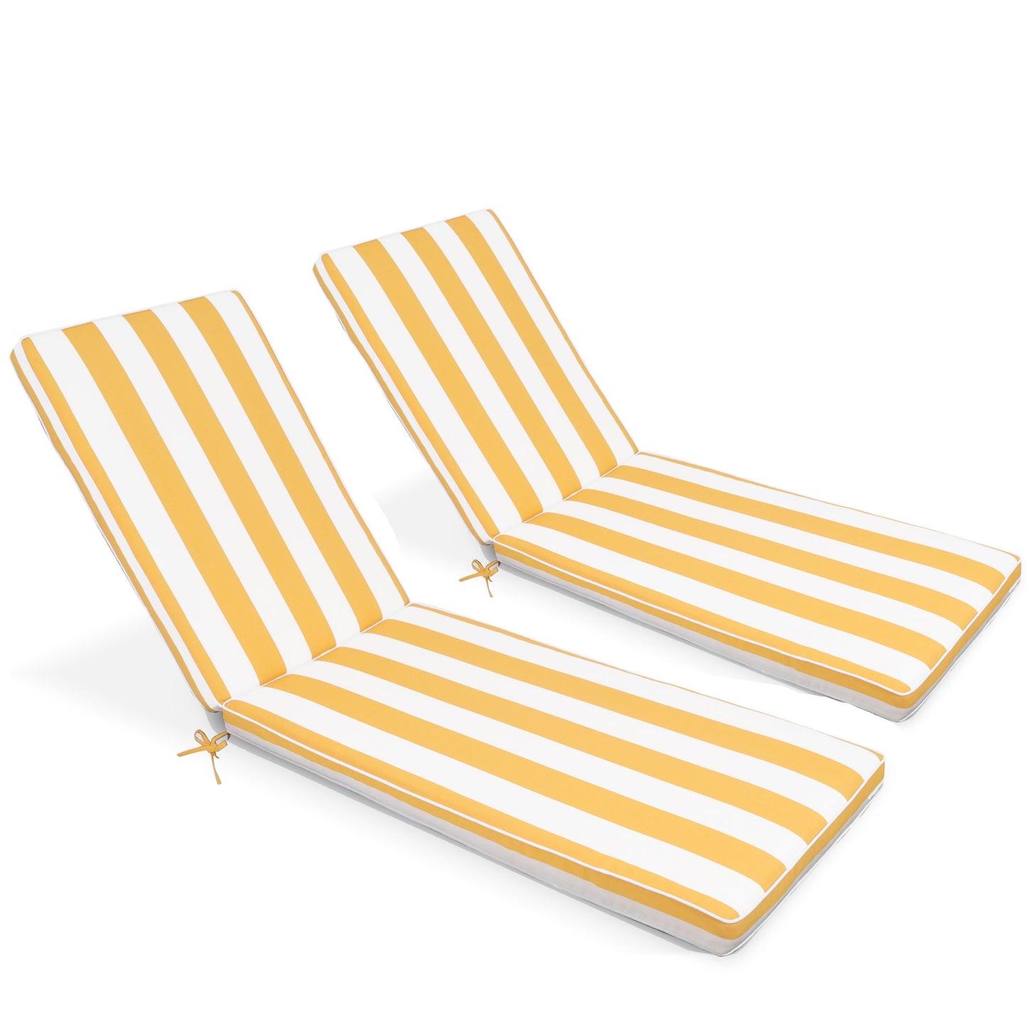 Two Outdoor Lounge Chair Cushion Replacement Patio Furniture Seat Cushions with yellow and white vertical stripes are placed side by side on a white background. Each chaise lounge cushion features ties for securing to chairs.