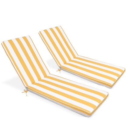 Two Outdoor Lounge Chair Cushion Replacement Patio Furniture Seat Cushions with yellow and white vertical stripes are placed side by side on a white background. Each chaise lounge cushion features ties for securing to chairs.